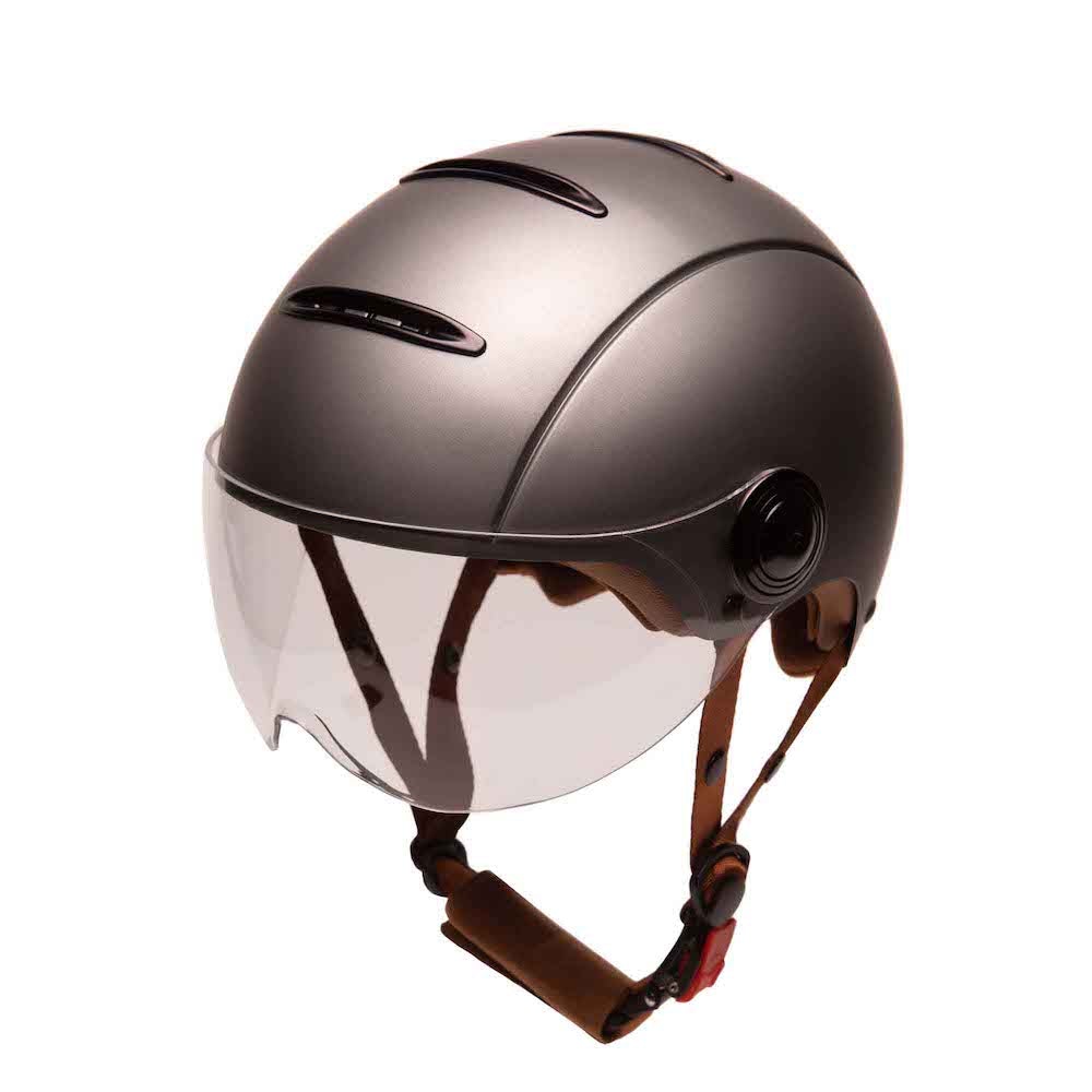 Casque Vélo Urbain Mârkö Helmet Tandem Gris Titanium vue de 3/4 avant avec visière baissée 